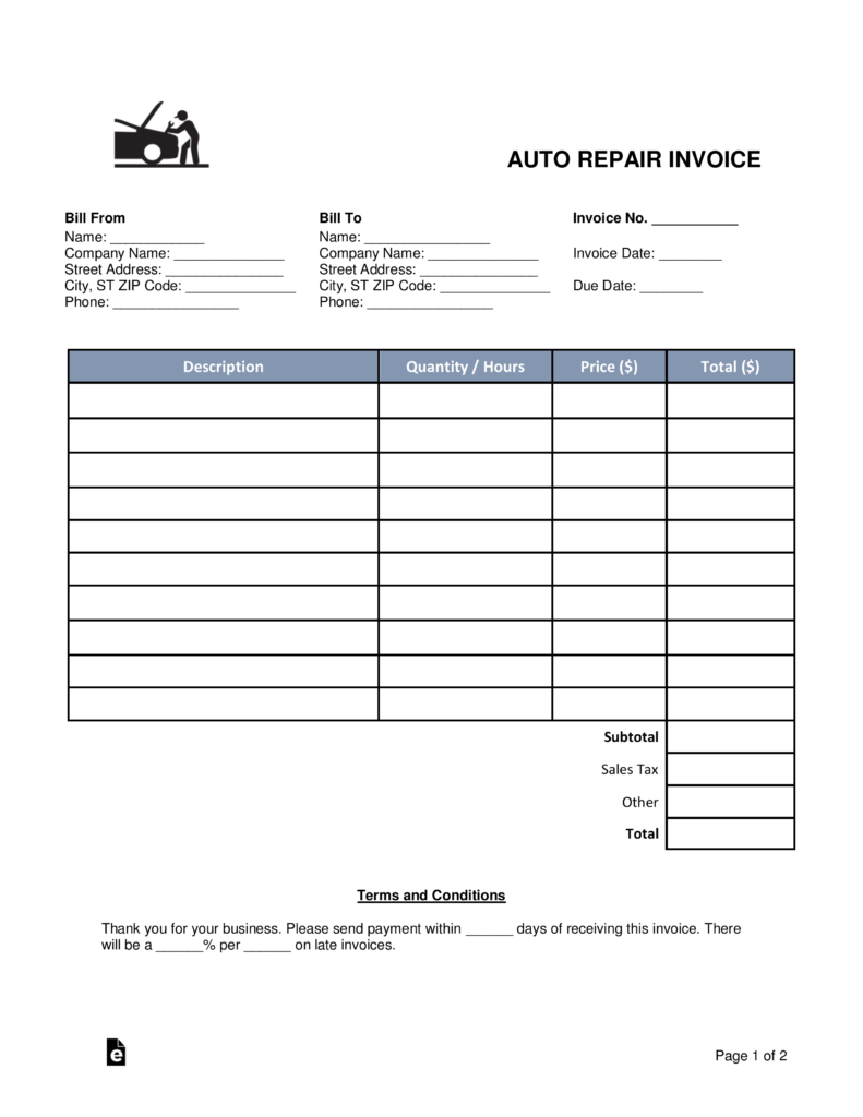 Auto repair invoice template nutley kia